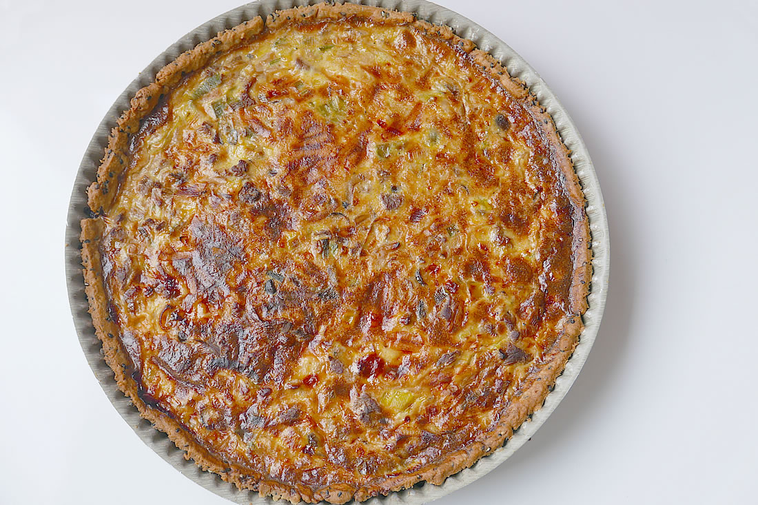 sesame quiche crust with beef and leek filling